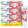 Aquafresh Splash Dentifricio per bambini da 3 a 8 anni, aroma di fragola con fluoro, agisce contro le carie, confezione da 4x75 ml