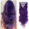 SEGO Estensione a clip per capelli elastici ricci, ondulati, 8 pezzi, 18 clip, clip per capelli ricci, estensione per capelli a clip, 60 cm, viola brillante
