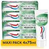 Aquafresh Dentifricio Multi Action al Fluoro, con Azione Antibatterica, Rinforza lo smalto, Combatte Carie, Macchie Superficiali Attacchi Acidi e Alito Cattivo, Confezione 4x75 ml