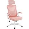 Yaheetech Sedia Ufficio Ergonomica con Braccioli Poggiatesta Regolabile Schinale Alto Reclinabile Poltrona Scrivania Girevole in Rete Traspirante con Supporto Lombare Bianco/Rosa