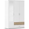 Rauch Möbel Noosa - Armadio con ante girevoli, bianco/rovere Sonoma, 3 ante con specchio, 2 cassetti e pacchetto accessori basic: 1 asta appendiabiti, 3 ripiani, 127 x 188 x 52 cm (L x A x P)