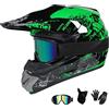 UIGJIOG Casco Integrale Motocross, Omologato Stampa Floreale Verde e Arancione Set Con Occhiali Guanti Face Mask Include 4 Misure di Approvato DOT Casco Downhill,Verde