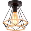iDEGU Lampada industriale Lampadario da soffitto vintage nero Paralume 20 cm Gabbia diamantata in metallo e corda di canapa Retro Lampada da soffitto E27 per corridoio cucina ingresso camera bar