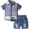 Volunboy Completi Estivi Bambino, Manica Corta Camicia Quadri + Short Jeans Blu Strappati 2 Pezzi Set(Denim Khaki,4-5 anni,Taglia 120)