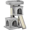 PawHut Albero Tiragraffi per Gatti Adulti e Gattini con Pali in Sisal, Lettino e 2 Casette con Rivestimento in Peluche, 59x39x83cm, Grigio Chiaro