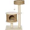 PawHut Albero Tiragraffi per Gatti Adulti e Gattini da 95cm, Cuccia e Casetta per Gatti in Rattan e Pali in Sisal, Pallina e Rivestimento Peluche 55x47x95cm