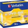 Verbatim 5 DVD+RW Matt Silver 4,7GB AZO 4X in 5 Jewel Box - 43229