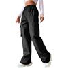 Greensen Pantaloni lunghi casual da donna Baggy Straight Wide Leg Pantaloni Pantaloni cargo di colore puro con vita alta e due tasche, Nero , M