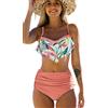 JFAN Costume da Bagno Donna Due Pezzi Bikini A Vita Alta Bottom Increspato Stampa Floreale Halter Ruffle Coordinati Rosa L