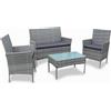 BAKAJI Set Salotto Completo Divano Poltrone Tavolino Poly Rattan Arredo Giardino Grigio