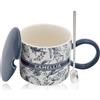 XIMKONTER 380ml tazza di caffè in ceramica, cappuccino tazza set con cucchiaio e coperchio, tazza di tè in ceramica fatta a mano a parete spessa tazza di tè, regalo per ufficio e casa (blu)