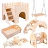 SUNOYA Giochi per Criceti in Legno, 6 Pezzi Set - Criceto Nascondiglio, Casa, Ponte, Altalena, Allenamento Accessori per Gabbia per Criceti Russi