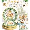 Ophy Stoviglie per Feste Animali Giungla,134 Pezzi Stoviglie per Feste di Compleanno per Bambini con Striscione di Compleanno con Animali Piatti di Carta Tovaglioli, Stoviglie Animali della Giungla