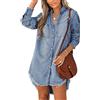 CUPSHE Camicia di Jeans da Donna Mini Abito a Tunica Casual Oversize Autunno Manica Lunga Orlo Sfilacciato Top Camicetta con Tasche Blu Cielo L