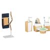 Relaxdays Portasciugamani da Terra, Piantana a 2 Bracci, per Asciugamani e Canovacci & 10022205 Set Accessori Bagno 4 Pezzi, Dispenser, Porta-Sapone, Porta-Spazzolino, Bambù
