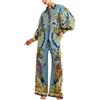 ThiCc Abiti da donna in 2 pezzi, stile bohémien, estivo, casual, stampa graffiti, set coordinato con maniche lunghe a lanterna, camicia e pantaloni con tasche hawaiane, #1, 3XL