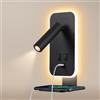 Awekliy Lampada da Parete a LED,Luce da Lettura da Comodino con Interruttore,Con porta di ricarica USB e vassoio per cellulare, Illuminazione ambientale della camera da letto(Luce Calda 3W + 9W) Nero