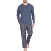 Winovia Pigiama lungo da uomo, 100% cotone, a maniche lunghe, da notte, con scollo rotondo e pantaloni a quadri, Nero , S