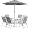 Outsunny Set Mobili da Giardino 8 Pezzi in Metallo, Salotto da Esterno con Tavolo, 6 Sedie Pieghevoli e Ombrellone, Bianco