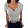 Aottori T-Shirt Donna Estivo Manica Corta Maglietta a Coste con Scollo a V Basic Shirt Aderente Elasticizzato Top Sexy Grigio XXL