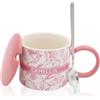 XIMKONTER 380ml tazza di caffè in ceramica, cappuccino tazza set con cucchiaio e coperchio, tazza di tè in ceramica fatta a mano a parete spessa tazza di tè, regalo per ufficio e casa (Rosa)