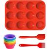 SPEACOUR Teglia per muffin in silicone da 12 tazze per cupcake, antiaderenti, con 12 tazze per muffin, 1 spatola in silicone e 1 spazzola per olio per cuocere brownies, budino, torte salate (rosso)