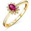 OROVI anello donna Oro 9Kt vero, con Diamanti e un Rubino - Oro Giallo - Gioielli donna - Gioiello Ipoallergenico - fede fatta a mano con elegante scatola portagioie