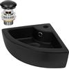 ML DESIGN modern living ML-Design Lavabo ad Angolo d'Appoggio in Ceramica Nero 46 x 33 x 13 cm Lavandino Angolare a Parete Troppopieno Foro per Rubinetto Lavello Bagno WC Ospiti Design Moderno incl. Piletta Push-Open