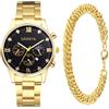 JewelryWe Set di 2 bracciali da uomo con orologio e bracciale Iced Out per uomini e donne, con strass e calendario, analogico, al quarzo, con catena a maglia barbazzale, Acciaio inossidabile - oro - 2