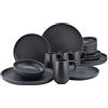 CreaTable, Serie uno BLACK 22978 - Set di stoviglie da 16 pezzi, in gres porcellanato, lavabile in lavastoviglie e microonde, made in Portogallo