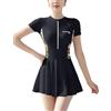 Sukany Costume da bagno intero da donna con cerniera, colorblock, a maniche corte, antivento, con gonna, Bianco 02, S