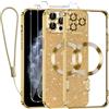 Kokio Glitter Magnetica Cover per iPhone 11 Pro con Cordino, Compatibile con MagSafe, Brillantini Sottile Silicone TPU Antiurto Custodia per iPhone 11 Pro con 2 Vetro Temperato Bumper, Oro