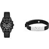 EMPORIO ARMANI Orologio Uomo in Pelle Nera e Bracciale Acciaio Inossidabile Argento, Set