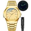 Gosasa - Orologio da uomo alla moda, in acciaio inox, movimento al quarzo, luminoso, impermeabile, con display analogico, oro