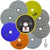 QUEFORET Dischi Diamantati per Lucidatura 10 Pezzi - 100mm Tamponi (Grana 50 x 3, 100 x 3, 200 x 2), 1 Pezzo Platorello a Strappo, 1 Pezzo Adattatore per Lucidatura Granito Marmo Quarzo Pietra a Secco