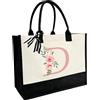SUNDEE Borsa da spiaggia in tela con iniziale personalizzata, borsa tote in tela con tasca interna con cerniera, doppia tracolla con monogramma borsa in iuta per lavoro quotidiano viaggi, Lettera L rosa,