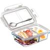 NUTRIUPS 0.6L Contenitori Vetro, Contenitori Vetro per Alimenti, Bento Box in Vetro con 2 Scomparti, con Cucchiaio in Acciaio Inox, Sicuro per il Microonde e il Forno (NON I COPERCHI) -Rettangolare