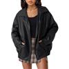 ORANDESIGNE Giacca Bomber da Donna in Finta Pelle Manica Lunga Risvolto in Pelle PU Giacca Oversize Tinta Unita Cerniera Cappotto Streetwear A Nero S