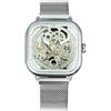 Haonb Orologi Da Polso,Orologio Meccanico Automatico Quadrante Openwork Moda Casual, Argento