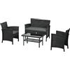 VivaGarden Set da Giardino Rattan PE con Divanetto, 2 Poltrone con Cuscini e Tavolino in Vetro colore Nero/Grigio - 0GYAM478