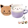 BigNoseDeer Set di tazze da caffè da Donna con Simpatico Gatto Viola Kawaii con Coperchio Cucchiaio Novità Snimale Tazza da Caffè in Ceramica Set di Piattini Regalo di Natale Giapponese di