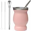 Beruth Zucca Bombilla Yerba Mate, set di tazza da tè in acciaio inossidabile da 8 once con coperchio multifunzionale, due cannucce e spazzole per la pulizia, tazza da caffè a doppia parete（Rosa）