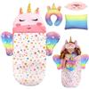 TaimeiMao Unicorno Sacco a Pelo Bambole con Maschera per Gli Occhi, Cuscino a forma di U e Cuscino Quadrato Sacco Nanna per Bambole da 25 a 38 cm, Regalo di Compleanno per Ragazze