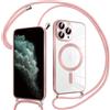 Pnakqil Magnetica Cover con Cordino per iPhone 11 Pro, Compatibile con Magsafe Ricarica Wireless, Trasparente Placcatura Disegno Custodia con Collana con Regolabile Laccio Tracolla, Rosa