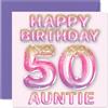 Stuff4 Biglietto di auguri per il 50° compleanno della zia, con palloncini glitterati rosa e viola, biglietti di auguri per la zia di 50 anni, 145 mm x 145 mm
