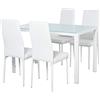 HOMCOM Set 5 Pezzi con 1 Tavolo e 4 Sedie per Cucina o Sala da Pranzo in Finta Pelle, Metallo e Vetro Temperato, Bianco