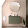 Inbagno Mobile bagno sospeso 80 cm verde satinato con lavabo e specchio tondo 70 cm, 2 cassetti con chiusura soft-close, GAYA