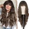 FESHFEN Parrucca Castano Medio Ondulata con Frangia per Donna, 65 cm Parrucche Lunga Ondulati Ricci Sintetici Naturali Capelli Parrucca Resistente al Calore per Uso Quotidiano Festa