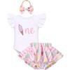 IMEKIS Vestito da bambina per il 1° compleanno, maniche volanti, bella stampa, pagliaccetto, gonna con volant, pantaloncini con fiocco, rosa chiaro + colorato, 12-18 Mesi