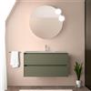 Inbagno Mobile bagno sospeso 90 cm verde satinato con lavabo e specchio tondo 70 cm, 2 cassetti con chiusura soft-close, GAYA